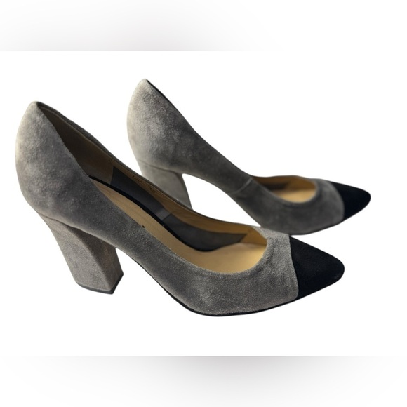 Sesto Meucci Gray and Black Suede Chunky Block Vintage Heels Classic 7.5B Shoes - Picture 1 of 11